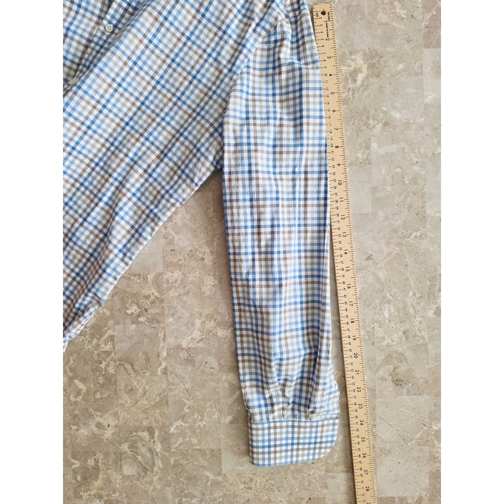 Isaia Napoli Mens 16.5 42 Blue Brown Check Cotton Button Down Shirt‎ Made Italy - Picture 9 of 11
